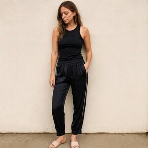 Enza Costa Satin Pants Womens‎ 2 Medium Black White Pinstripe Joggers Lounge